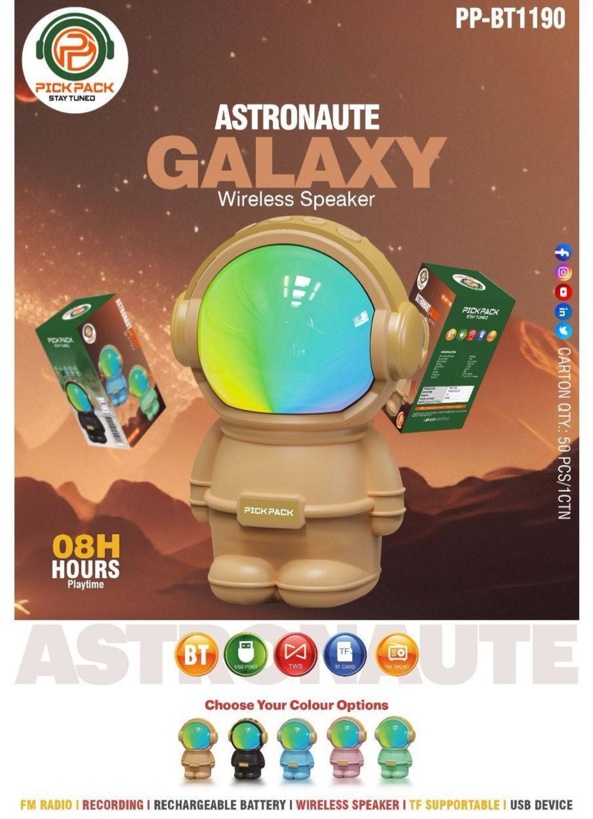 🚀 Pickpack PP-BT1190 Astronaute Galaxy Wireless Speaker 🌌